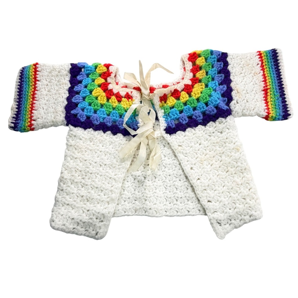 1970s Handmade Crochet Baby Cardigan Sweater Rainbow Granny Square Kint Vintage